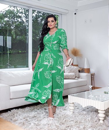 Vestido Longo Com Manga 3/4 e Botões