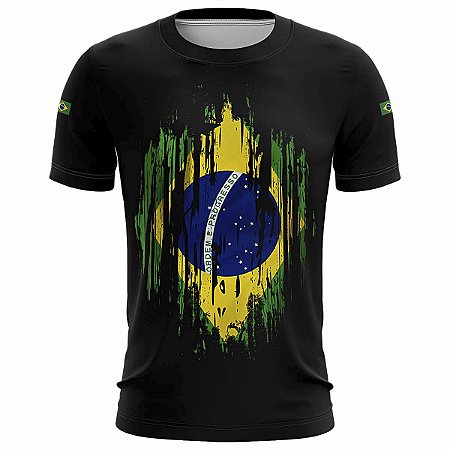 Camiseta Brasil Brk Preta Bandeira Grunge com UV 50+