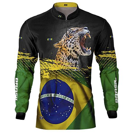 Camisa de Pesca BRK Preta Bandeira Brasil Onça com UV50 +