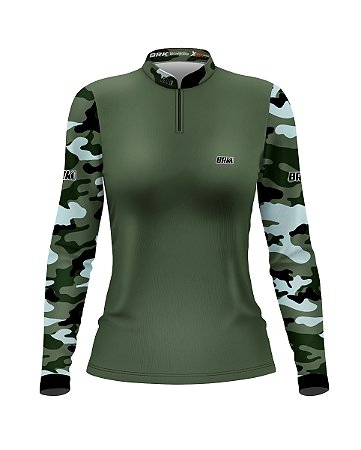 Camisa de Pesca BRK Feminina Camo Verde Oliva com UV50 +