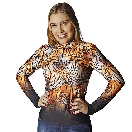 Camisa Country BRK Feminina Estampa de Onça 2 com UV50 +