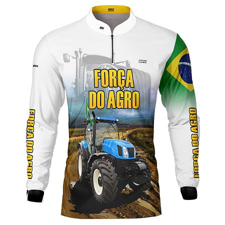 Camisa Agro BRK Branca Força do Agro Trator Azul com UV50 +