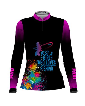 Camisa de Pesca BRK Preto e Roxo Girls Love Fishing com UV50 +