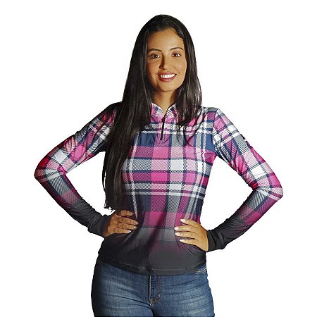 Camisa Country BRK Feminina Xadrez Azul e Rosa Brk com UV50 +