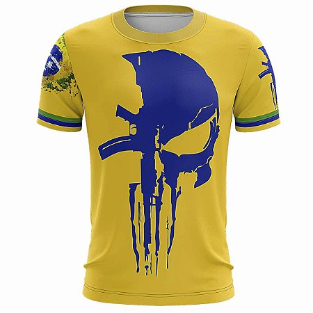 Camiseta Militar BRK Militar Caveira Azul Brasil Com Proteção Solar UV50+