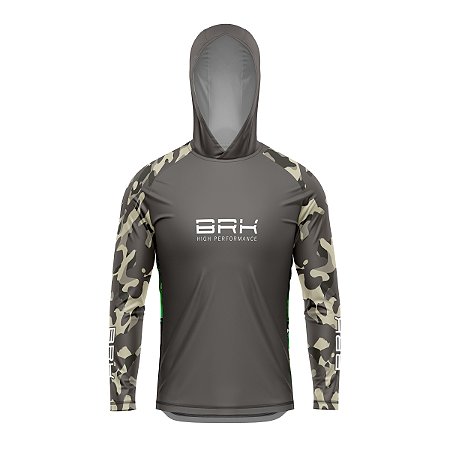 Camisa de Pesca com Capuz  BRK Camuflada Cinza Verde com UV50 +