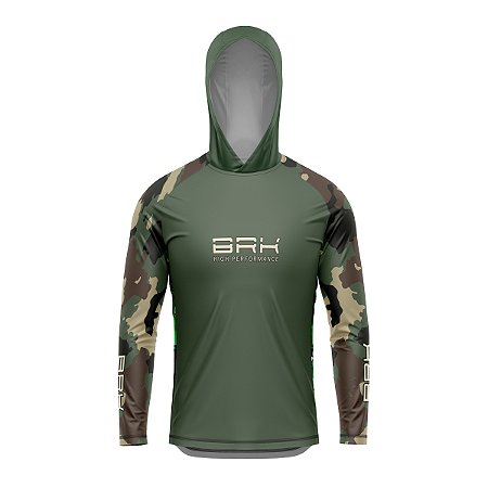 Camisa de Pesca com Capuz BRK Verde Camuflada com UV50 +