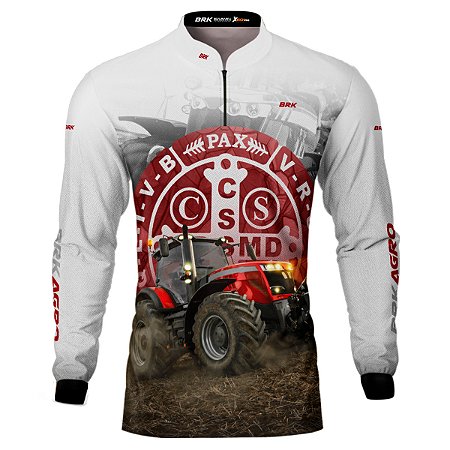 Camisa Agro Brk Trator São Bento Branco e Vermelho com UV50+