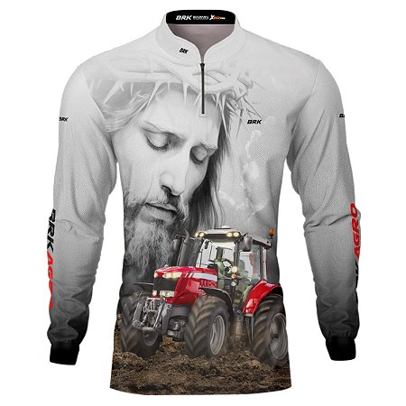 Camisa Agro BRK Branca Jesus Trator Vermelho com UV50 +