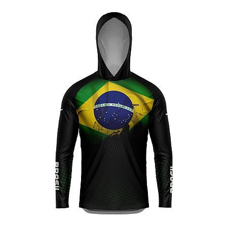 Camisa de Pesca Com Capuz BRK Brasil Preta Com UV50+