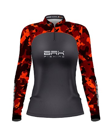 Camisa de Pesca Feminina BRK Laranja Camuflado e Cinza com UV50+