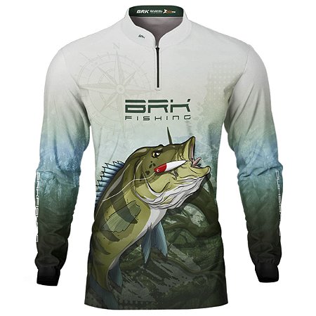 Camisa de Pesca BRK Branca e Verde Tucunaré Azul com UV50+