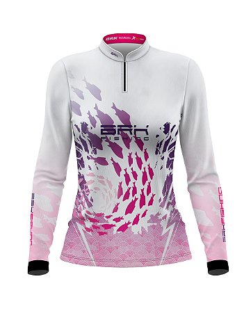 Camisa de Pesca Feminina BRK Branca Cardume Rosa com Proteção UV50+