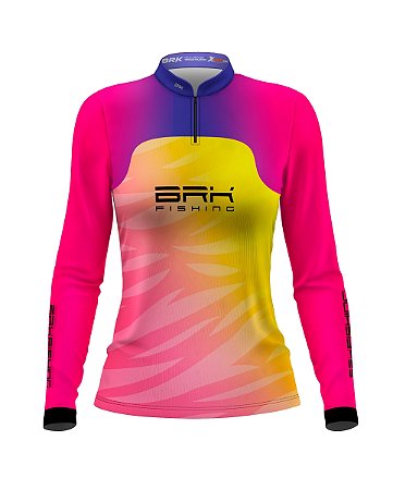 Camisa de Pesca Feminina BRK Degradê Com Textura Rosa Amarelo Azul com UV50+