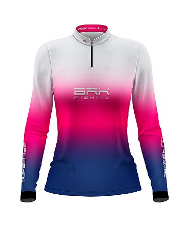 Camisa de Pesca Feminina BRK Degradê Branco Rosa Azul com proteção UV50+