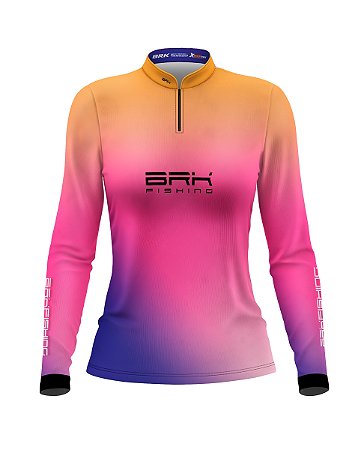 Camisa de Pesca Feminina BRK Degradê Amarelo Rosa Azul com proteção UV50+