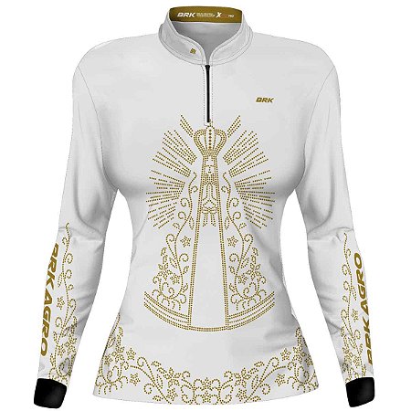 Camisa Agro Feminina BRK Nossa Senhora Strass Branca com  UV50+