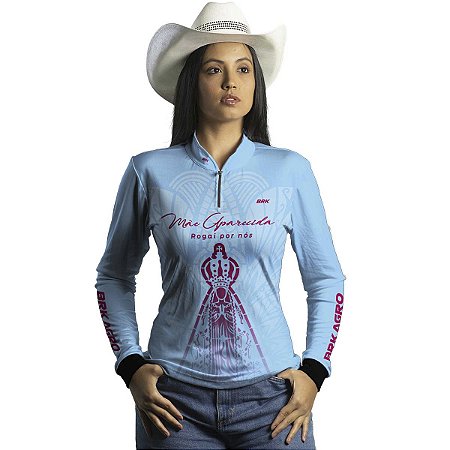 Camisa Agro Feminina BRK Mãe Aparecida Azul Clara com UV50+