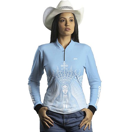 Camisa Agro Feminina BRK Nossa Senhora Azul Clara com UV50+