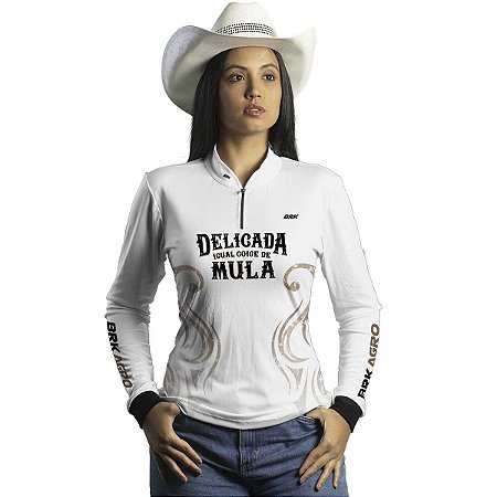 Camisa Agro Branca BRK Delicada Igual Coice de Mula com UV50+