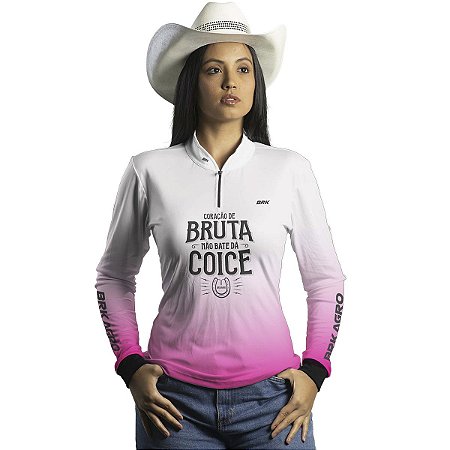 Camisa Agro Branca e Rosa BRK Delicada Igual Coice de Mula com UV50+