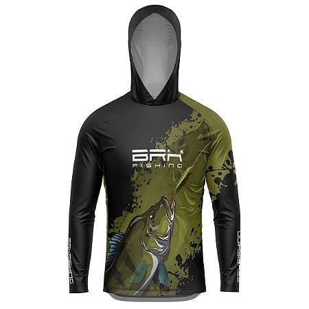 Camisa de Pesca Com Capuz Musgo e Preto BRK Tucunaré Azul Com UV50+