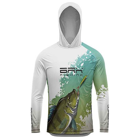 Camisa de Pesca Com Capuz Branca e Verde BRK Tucunaré Azul Com UV50+