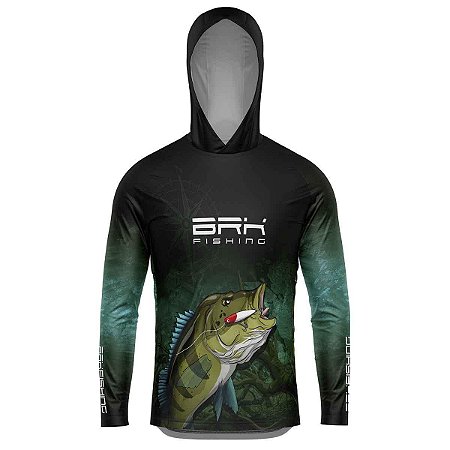 Camisa de Pesca Com Capuz Preta e Verde BRK Tucunaré Azul Com UV50+