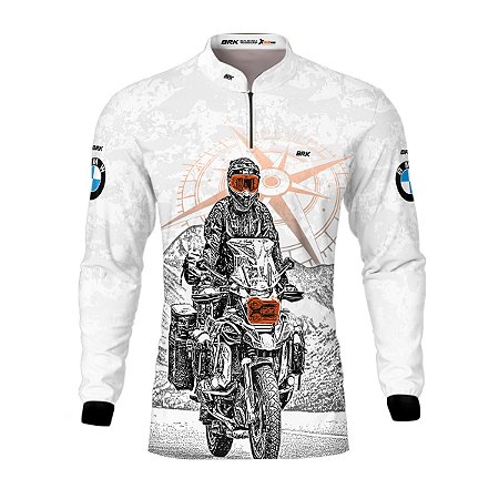 Camisa Brk Motociclismo BMW Branca Moto e Bússola com Proteção UV50+