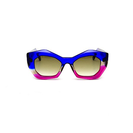 Óculos de Sol Gustavo Eyewear G108 4. Cor: Azul translúcido, fumê e violeta . Haste azul. Lentes cinza.