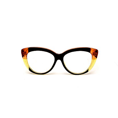 Armação para óculos de Grau Gustavo Eyewear G107 12. Cor: Preto, laranja e amarelo translúcido. Haste laranja.