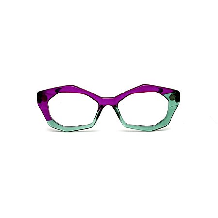 Armação para óculos de Grau Gustavo Eyewear G53 20. Cor: Violeta e verde translúcido. Haste preta.