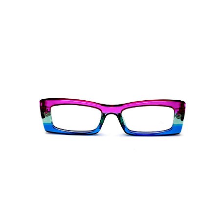 Armação para óculos de Grau Gustavo Eyewear G35 12. Cor: Violeta, acqua e azul translúcido. Haste violeta.