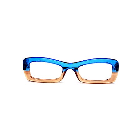 Armação para óculos de Grau Gustavo Eyewear G34 11. Cor: Azul e âmbar translúcido. Haste preta.