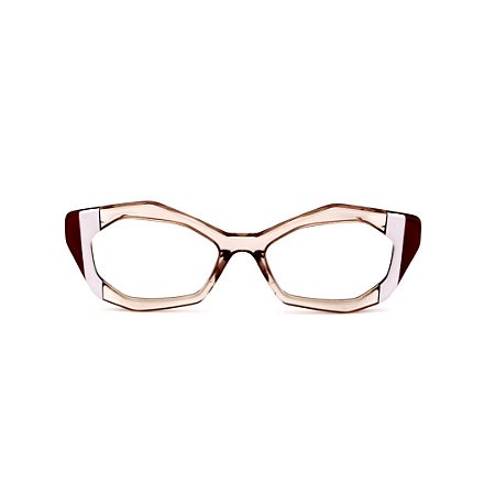 Armação para óculos de Grau Gustavo Eyewear G53 14. Cor: Fumê com listras vinho e branca. Haste vermelha.
