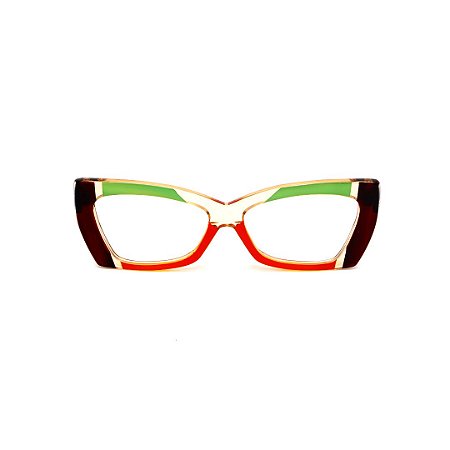 Armação para óculos de Grau Gustavo Eyewear G81 8. Cor: Marrom e âmbar translúcido com verde e laranja citrus. Hastes animal print.
