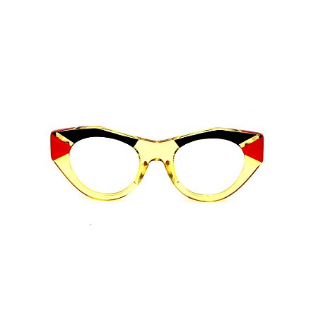 Armação para óculos de Grau Gustavo Eyewear G119 3. Cor: Amarelo translúcido, preto e vermelho. Haste preta.
