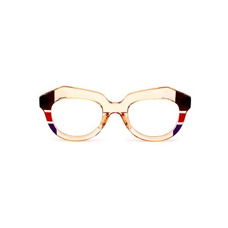 Armação para óculos de Grau Gustavo Eyewear G37 14. Cor: Âmbar translúcido, marrom, vermelho e azul. Haste animal print.
