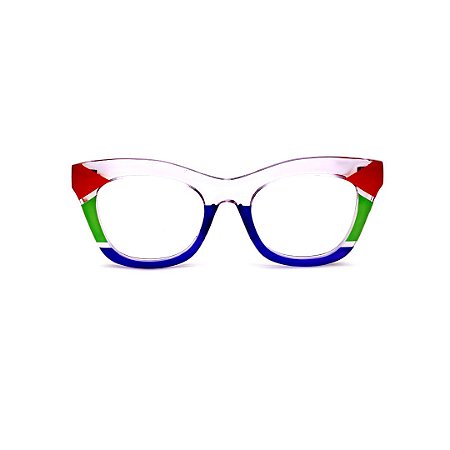 Armação para óculos de Grau Gustavo Eyewear G69 31. Cor: Cristal, azul, vermelho e verde citrus. Haste laranja.