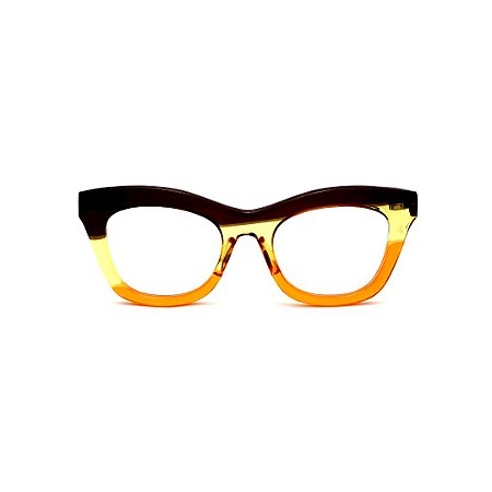 Armação para óculos de Grau Gustavo Eyewear G69 38. Cor: Marrom, amarelos e laranja translúcido. Haste preta.