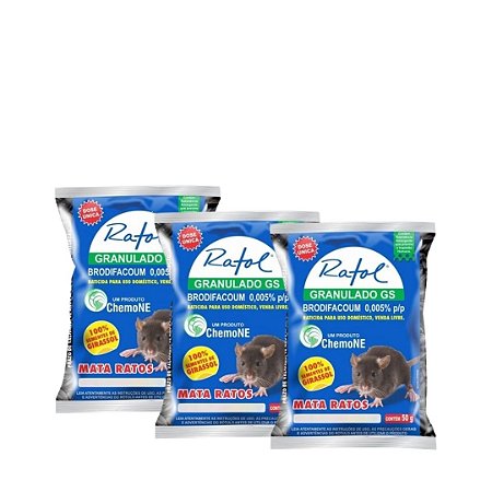 3 Sachês Ratol 50g Mata Ratazanas, Rato de telhado e Camundongos