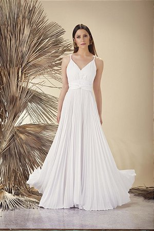 vestido longo branco plissado
