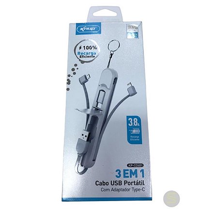 Cabo Usb Portatil 3 Em 1 Micro Usb - Lightning - Tipo C