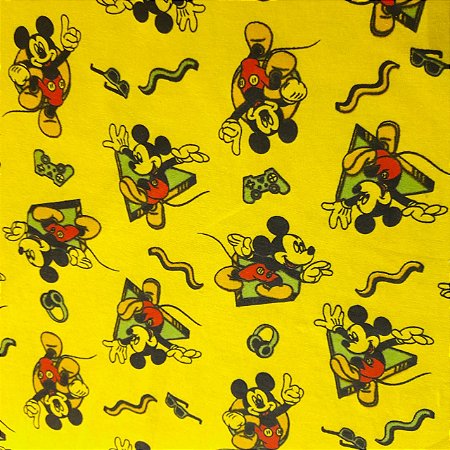 Malha 100% Algodão Cardada Fundo Amarelo Tema Mickey