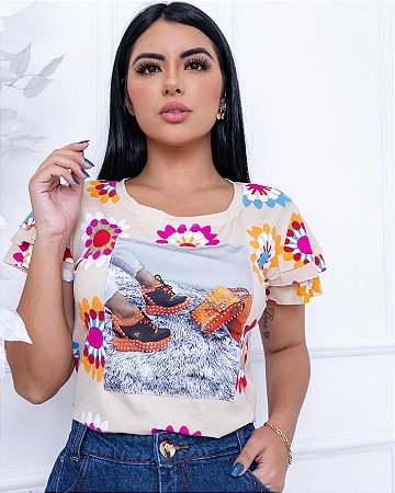 T-shirt Blusa Feminina de Luxo Bordada Sempre foi Deus Mostarda - a partir  de R$104,40