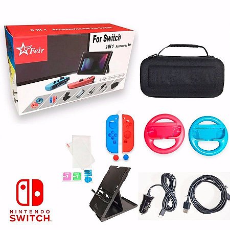 Kit Capa Case Grip Película Volante 9 Em 1 Nintendo Switch