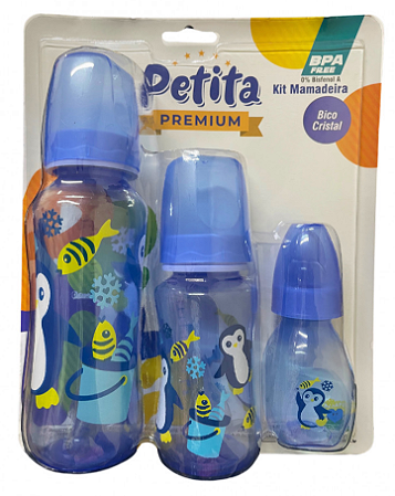 KIT MAMADEIRA PETITA PREMIUM BICO CRISTAL PINGUIM AZUL