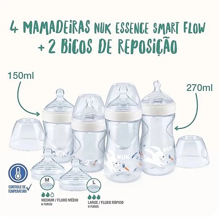 KIT STARTER MAMADEIRAS NUK ESSENCE SMART FLOW CONTROLE TEMPERATURA