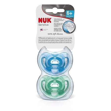 KIT COM 2 CHUPETAS NUK SENSITIVE SOFT 100% SILICONE 6+