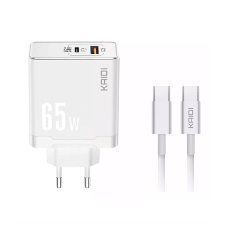 Carregador de Tomada Completo 1 Saída USB-C e 1 Saída USB 65W com Cabo Tipo-C x Lightning - Kaidi